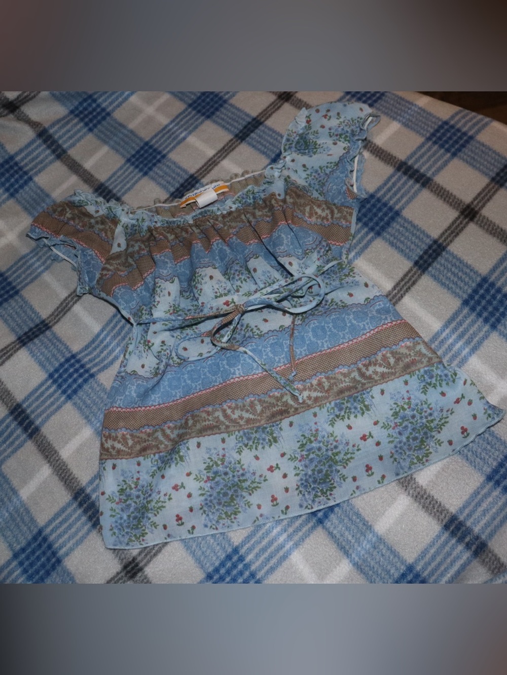 Blue floral fairy blouse with ruffles and tie back